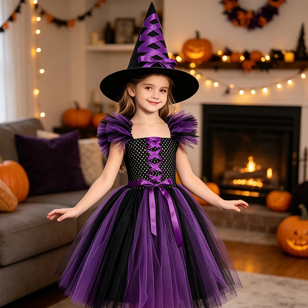 Halloween-Hexenkostüm für Mädchen, lila Tüllrock mit Hut, für Kinder von 2 bis 12 Jahren, Karneval, Cosplay, Party, Kinderkleidung. – Detail 8