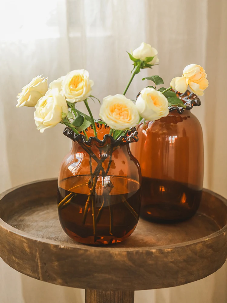 Coffee colored flower edged glass vase decorations, home decor, dining table, living room decorations, rose flower arrangements