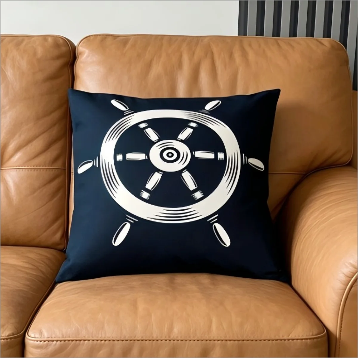 Nautical Ship Wheel Print Throw Pillow Cover Navy Blue Coastal Rudder Art Cushion Case for Ocean Themed Home Decor Sofa Couch
