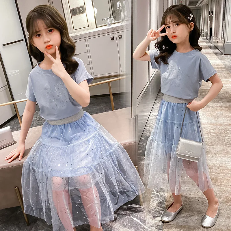 

2023 summer Girls Clothes teenager letter short sleeve t shirt + layered pleated mesh lace star skirt 4 5 6 7 8 9 10 11 12 years