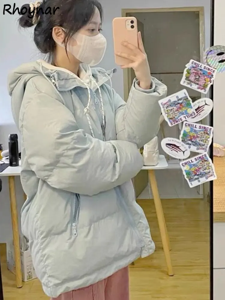 Parki z kapturem damskie luźne niebieskie słodkie w stylu preppy proste grube zimowe ciepłe hipsterskie jednolite z długim rękawem odzież moda koreańska popularne