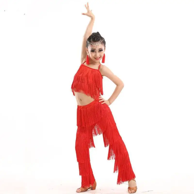 solid  Fringe latin dancing Costume Latin Dance set Ballroom Plus Size Fringe Tassel Pants and top