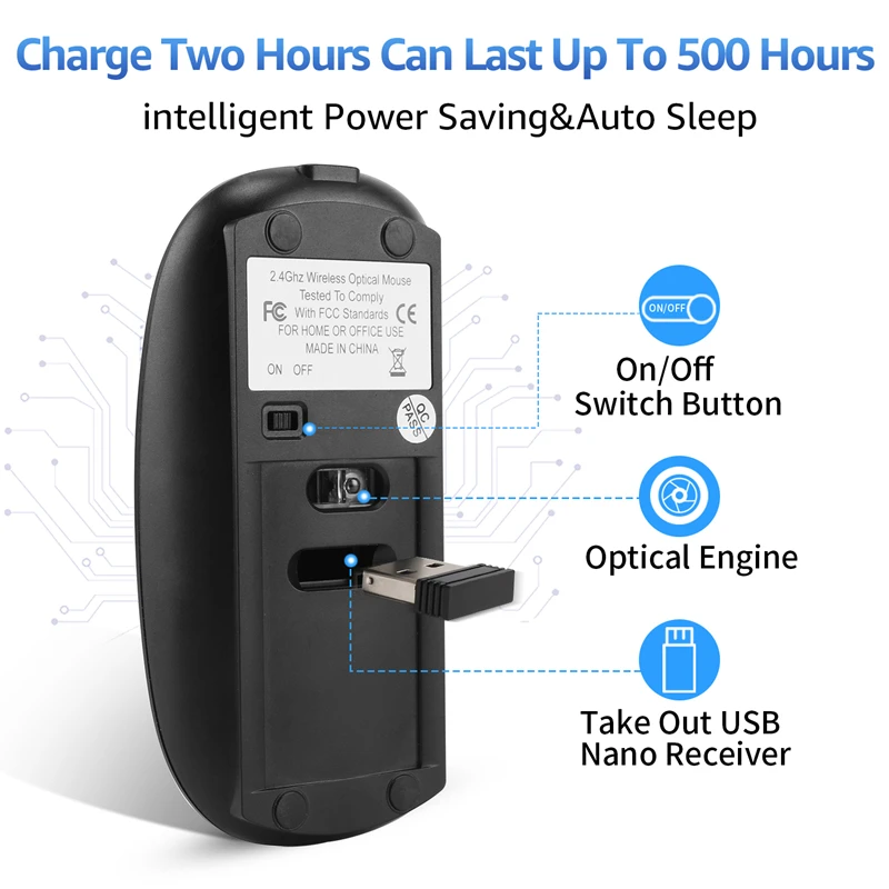 Mouse Bluetooth silenzioso portatile Mouse wireless regolabile USB 2.4G Mouse da gioco ricaricabile ad alta precisione ergonomico per laptop