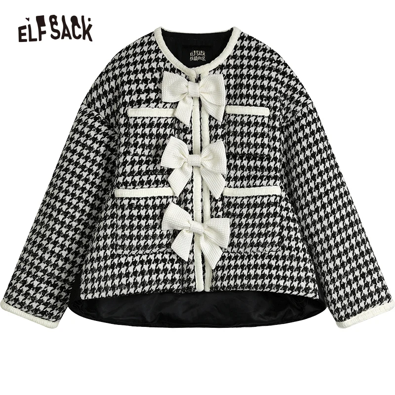 ELFSACK Spliced Plaid Warm Down Coats Women 2022 Winter Loose Short Casual Coats