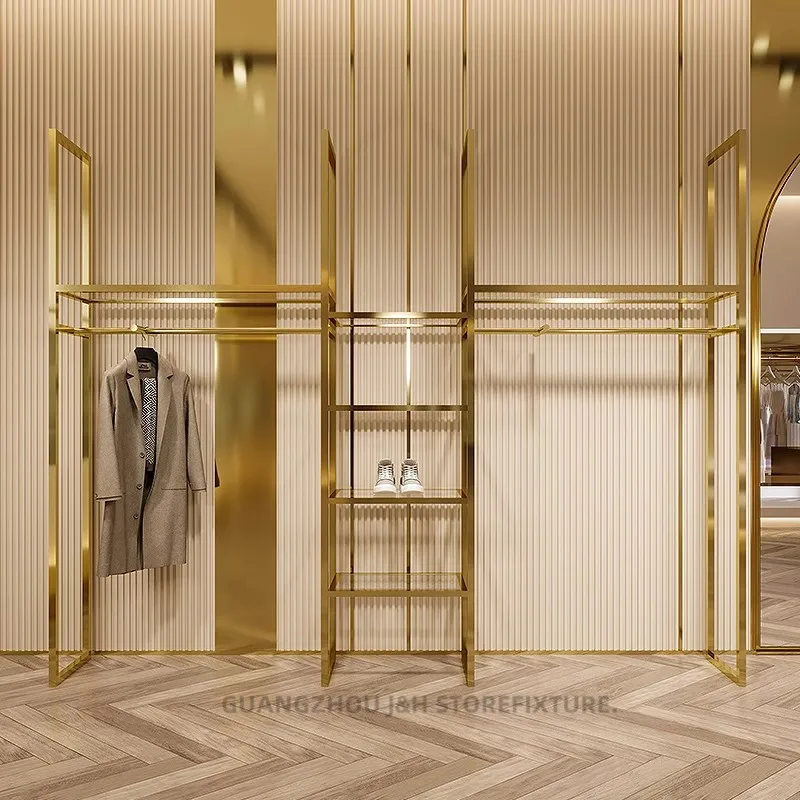 Garment Retail Rack Commercial Grade Furniture Shiny Gold Combination Racks Stainless Steel Acrylic Board Women's Clothing Rack