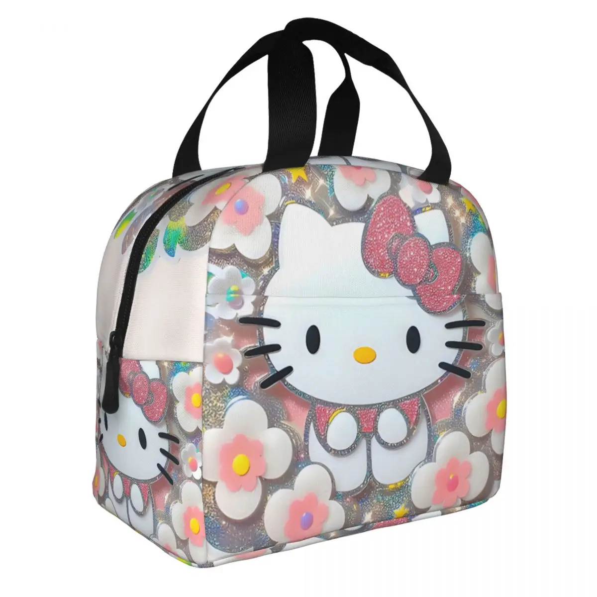 New Picnic Storage Inspired By Hello Kity Cherry Blossoms Holographic Puffy Tote Sanrio Children's School Lunch Box Bag