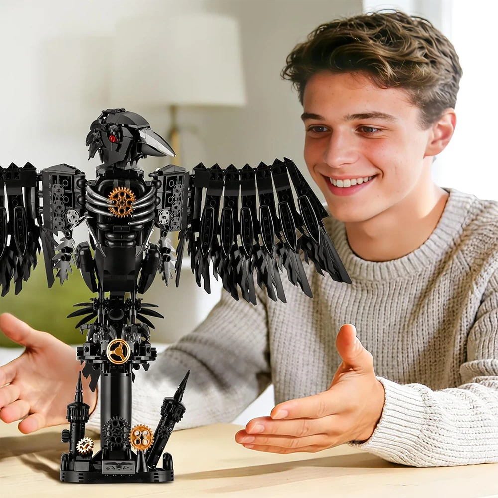 Modellbausatz, mechanischer Krähen-Baukasten mit beweglichen Gelenken, gotischem Design und Ausstellungsständer, passend für Heimdekoration, zur Förderung der Fantasie, als Heimdekoration oder zum