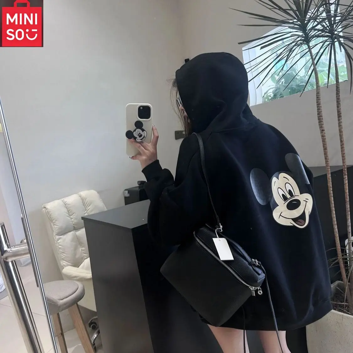 MINISO ديزني الحلو ولطيف ميكي طباعة الأسود مقنعين البلوز للنساء ربيع الخريف الكورية نمط فضفاض تنوعا البلوز #4