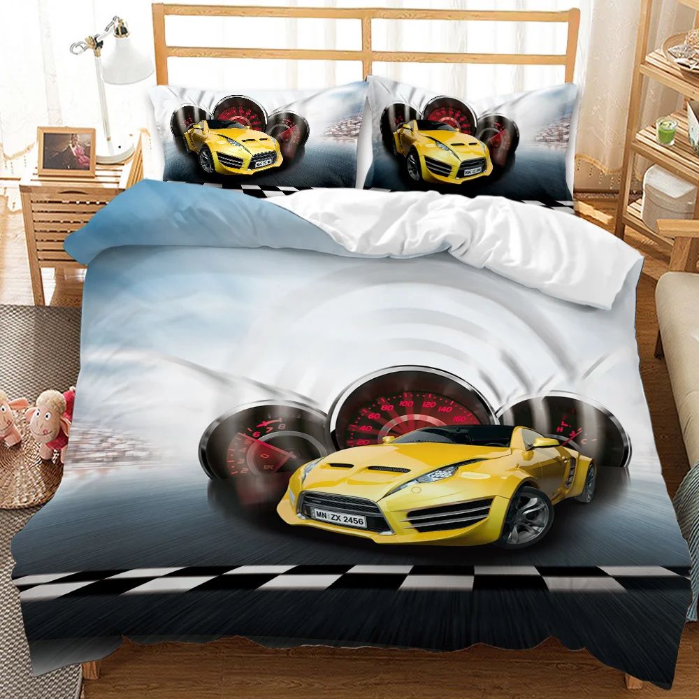 Sports Car Duvet Cover Set, 3D Printed Cool Speed Racing Car Automobile Style Kids Teen Boys Bedding Set,Queen Size Quilt Cover