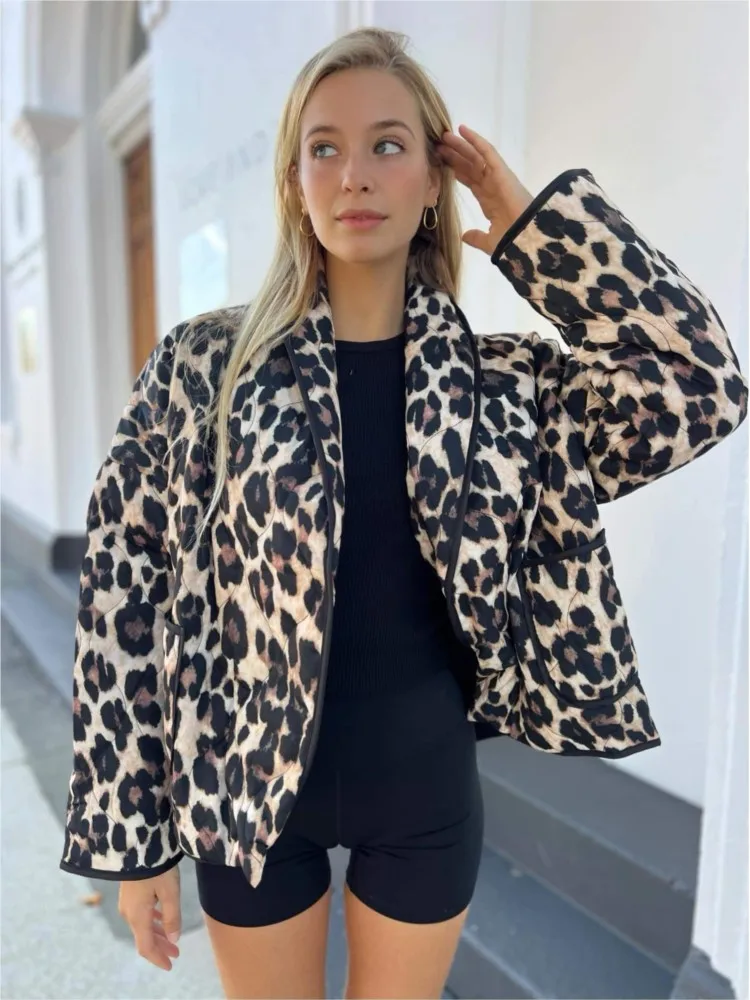 New Leopard Print Streetwear Casual Women Coats Lapel Loose Fashion Quilted Cotton Jacket Autumn 2024 Chic Female Winter Outwear