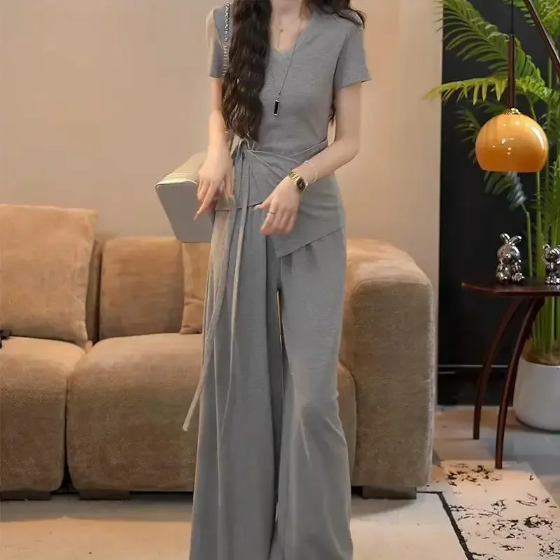 Women Fashion Waist Cinched Two Piece Set Short Sleeve Top High Waist Wide Leg Pants Casual Outfit