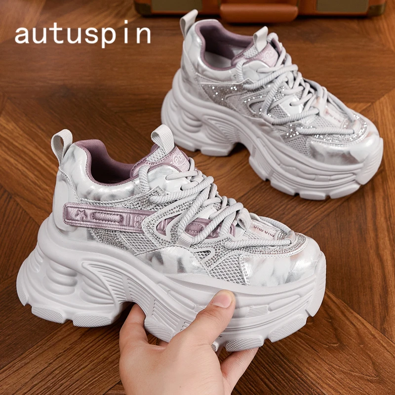 

AUTUSPIN 2026 Women's Shoes for Spring Fashion Retro Platform Sneakers Female Breathabl Air Mesh Leather Casual Sports Shoes