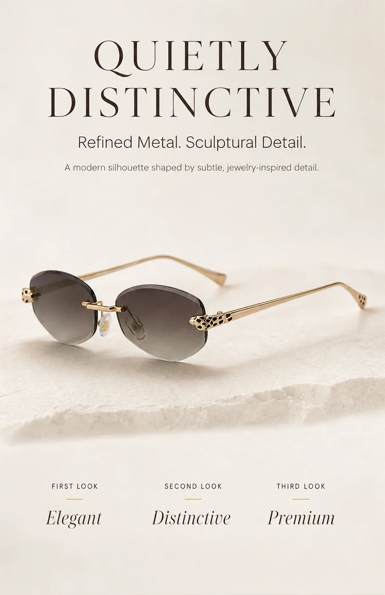 Vintage Sechseckige Randlose Sonnenbrille für Damen 2026 Luxusmarke Trendige Goldene Leopardenkopf Y2K Punk Sonnenbrillen Reise-Eyewear – Detail 1