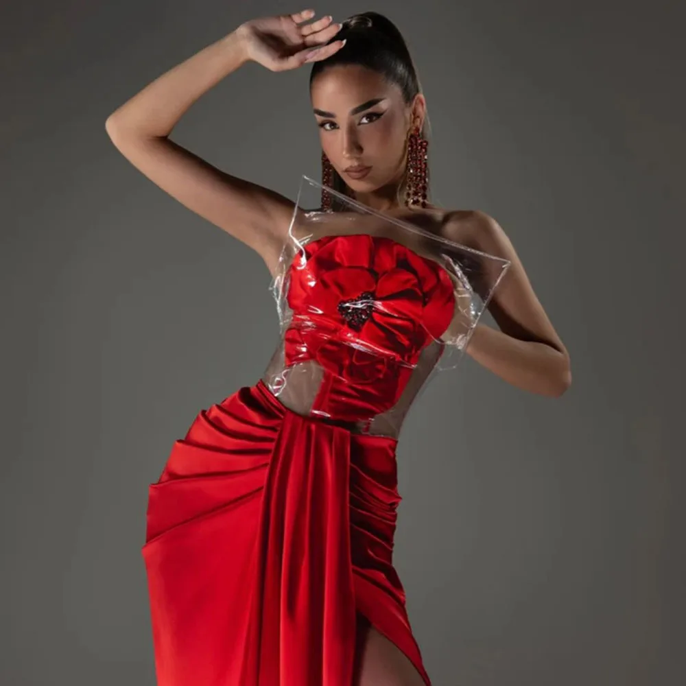 

11Red Satin High Slit Ruched Detail Transparent Design Fashionable Women's Skirt Elegant Evening Wear Trendy Party Dress High-Qu