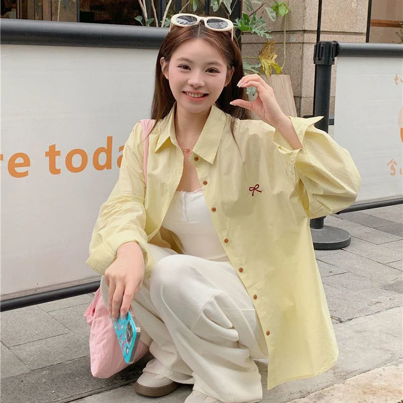 Spring Summer Candy Colors Shirt Women Chic Bowknot Embroidery Turn Down Collar Shirts Woman 2025 Loose Single Breasted Blouse