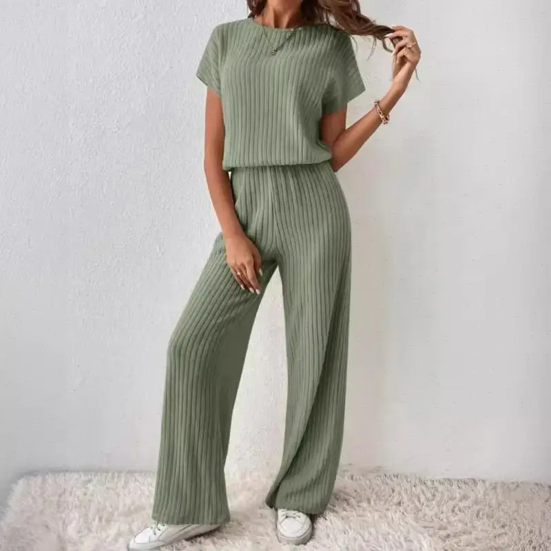 Two Piece Pant Sets Women Straight Pants Tops Pullover Short Sleeve Round Neck Spliced Top Solid Casual Streetwear Summer