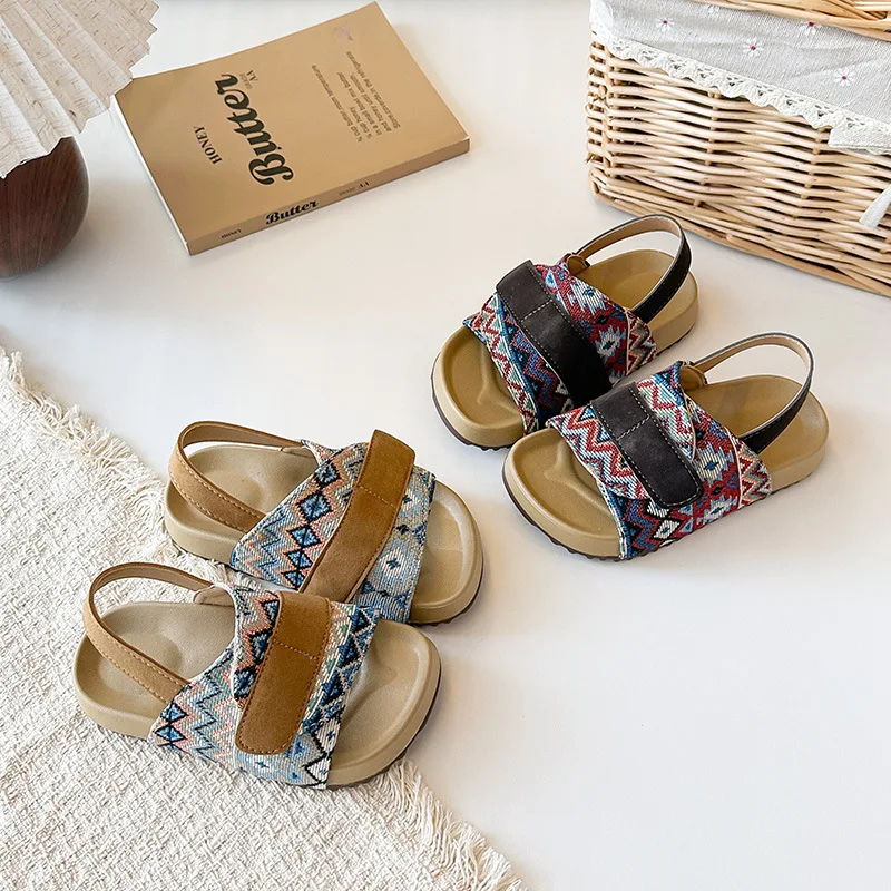 Sandalias 2026 Summer New Bohemian Ethnic Style Kids Sandals Comfort Non Slip Boys' Beach Shoes Retro Versatile Girls' Sandals