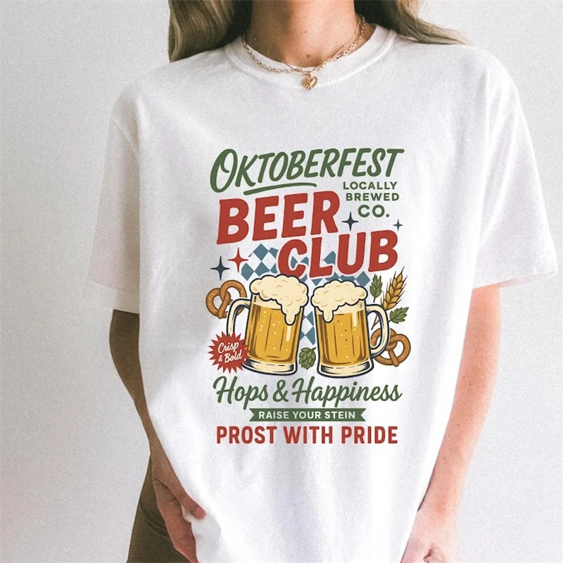 Camiseta bonita con estampado de Beer Club, camiseta blanca de estilo informal de calle básica con cuello redondo y dibujos animados para mujer
