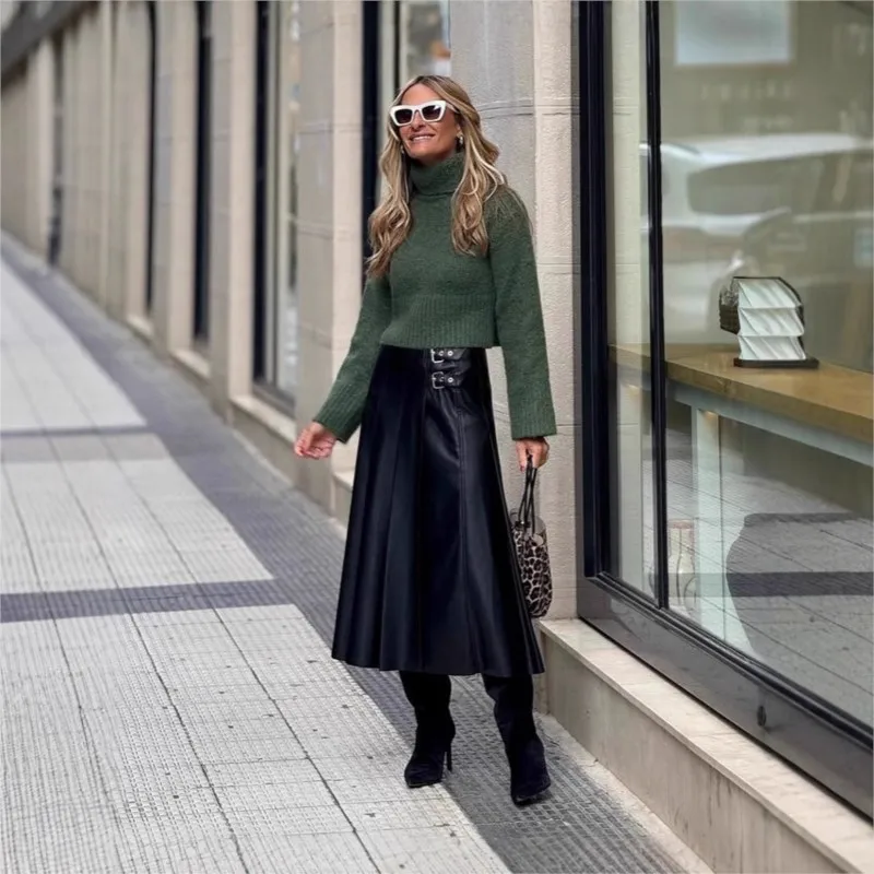 

Black A-Line Leather Skirt For Women New Autumn Winter High Waist Pleated Flared Waist-Cinched PU Leather Skirt Ropa Mujer