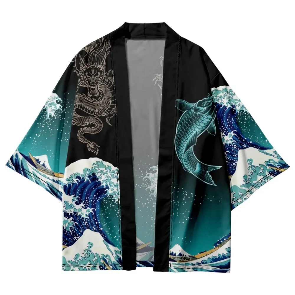 Fashion Unisex Koi Fish Wave Haori Kimono Cardigan Ukiyo-E Print Open Front 1/2 Sleeve Yukata Beach Cover Up Summer Tops
