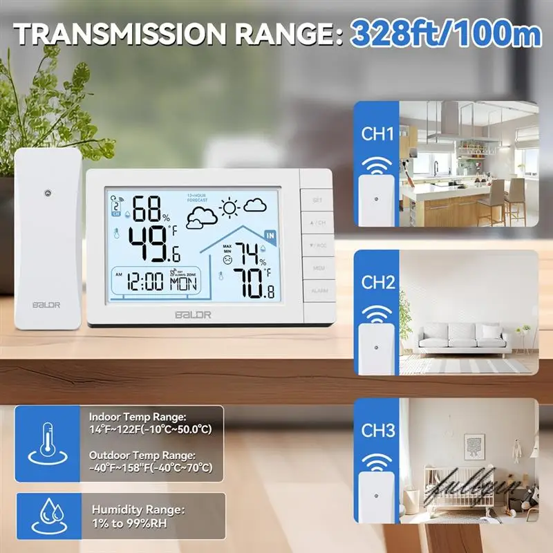 محطة الطقس اللاسلكية FULL-Baldr مع مستشعر لاسلكي DCF ساعة يتم التحكم فيها عن طريق الراديو مقياس حرارة داخلي/خارجي مقياس الرطوبة
