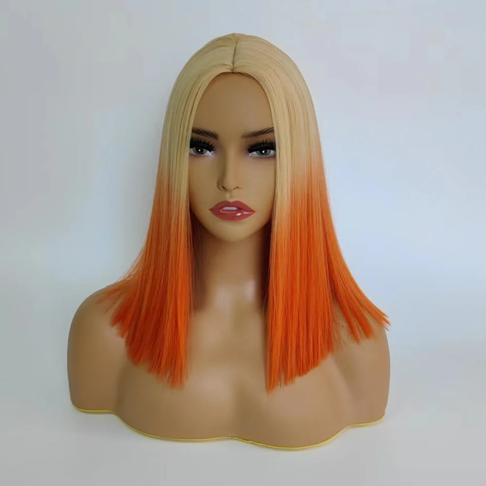 WHIMSICAL W Synthetic Short Blonde Orange Cosplay Wig Straight Bob Wigs for Women Middle Part Natural Blonde Pink Red Hair Wigs