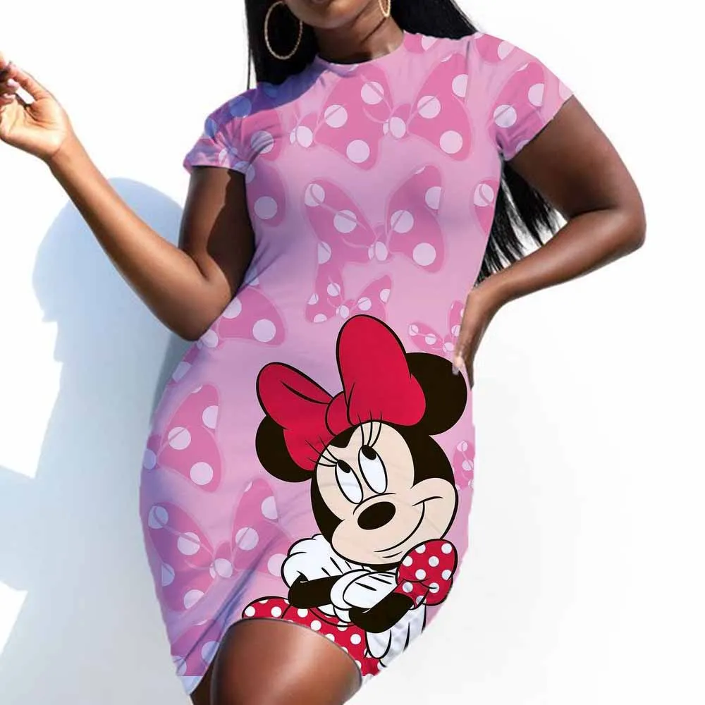 Disney-Camiseta de manga corta con cuello redondo para mujer, minifalda corta con estampado de Mickey Mouse, vestido de talla grande