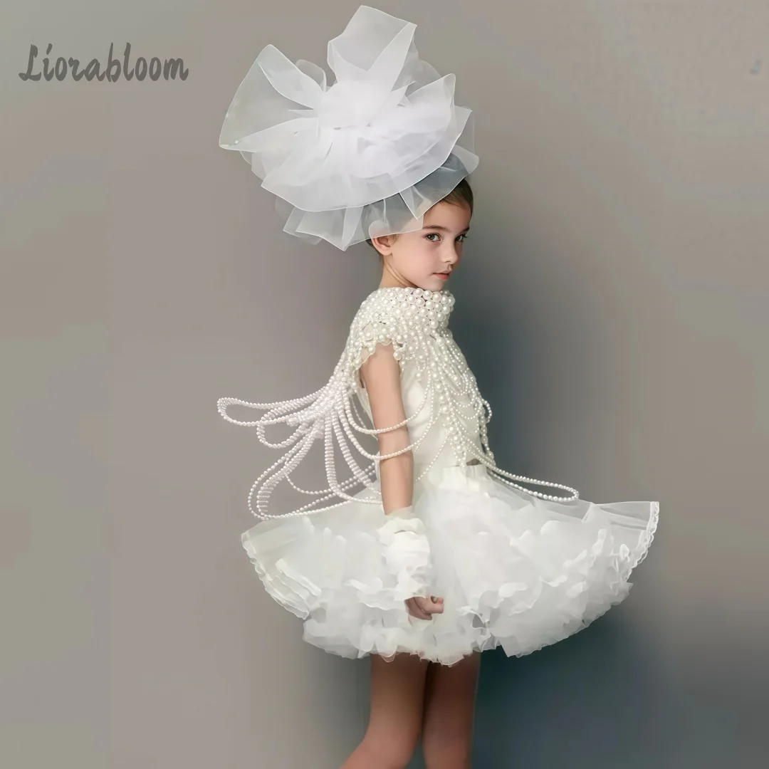 Girls' Pearl-Embellished Dress Designer White Dress Girls' Formal Party Wear Wedding Party Attire Dress  свадебное платье