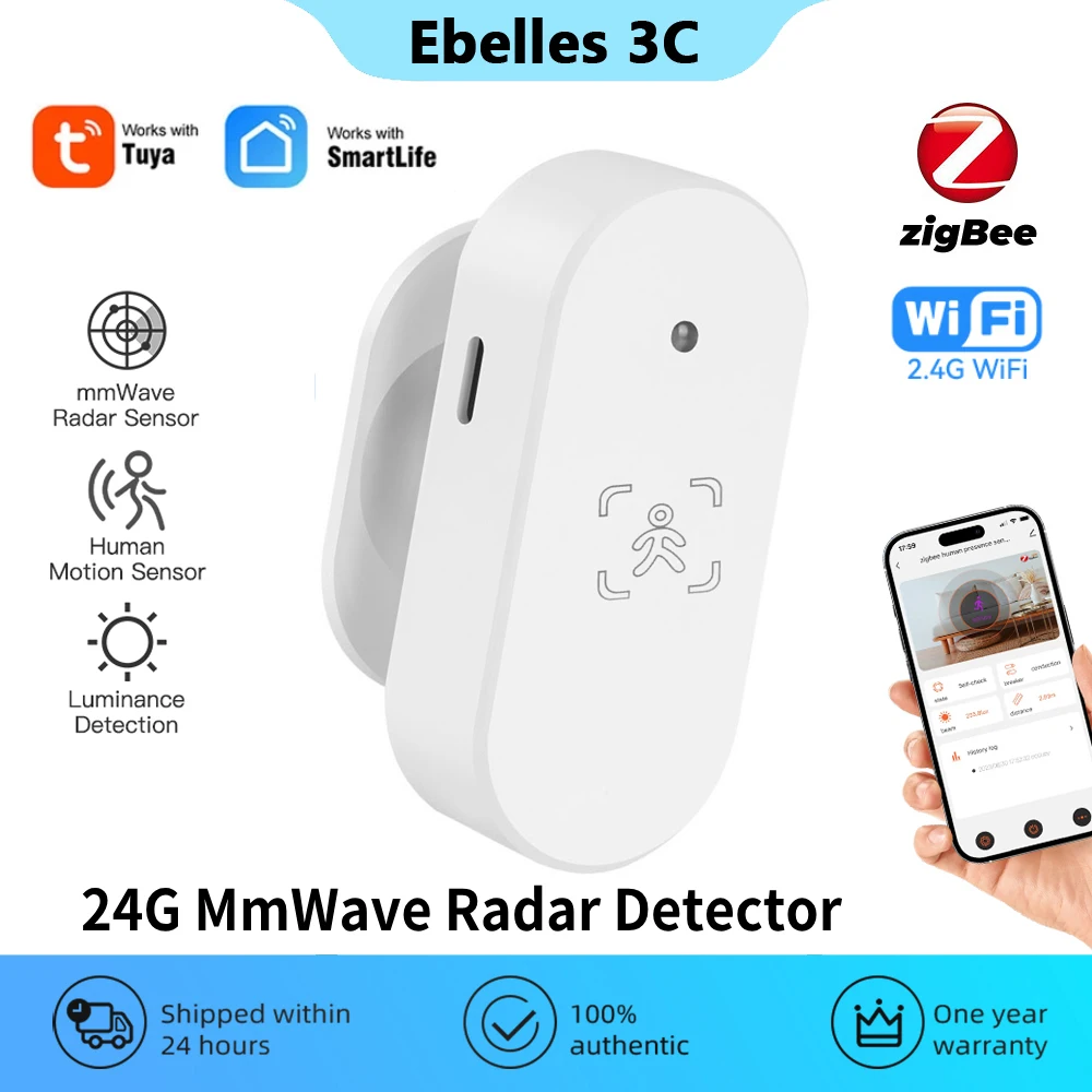 Sensor de Movimento Inteligente ZigBee, Detector de Radar com Brilho, Tuya, WiFi, Alexa, Google Smart Life, 24G MmWave