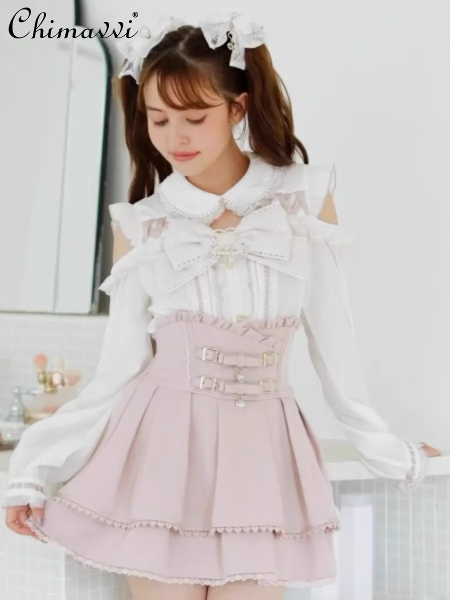 Japanese Liz Mine Off-shoulder Big Bow Long-sleeved Shirt Spring Summer Sweet Girl Cute Long-sleeved Loose Lolita Shirt Blouse