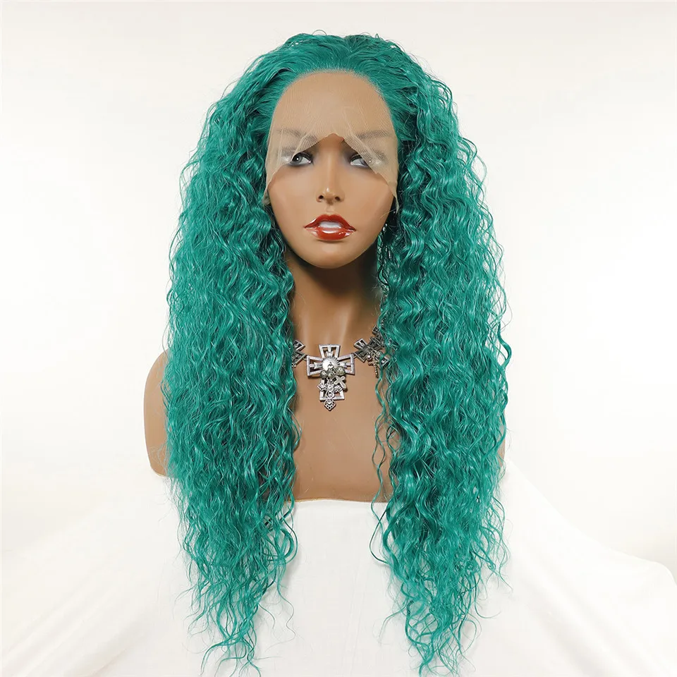 Synthetic Hair Green Long Loose Curly Wigs For Black Women Pre Plucked Lace Front Cosplay High Temperature Heat Fiber Daily Use