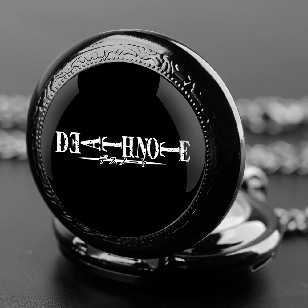 Anime Death Note Design Glass Dome Quartz Pocket Watch with Durable Chain Arabic Numeral Dial for Men and Women Creative Gifts