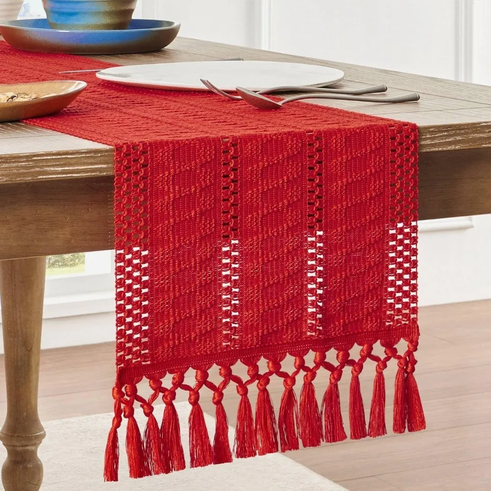 

American Style Boho Table Runner Solid Color Rustic Festival Dining Table Cover Rectangular With Tassel Tablecloth New Year