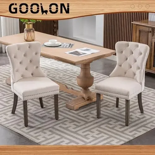 Velvet Dining Room Chairs Set of 6, Button Tufted, Wood Legs, Beige | Stylish and Comfortable for Dining Rooms