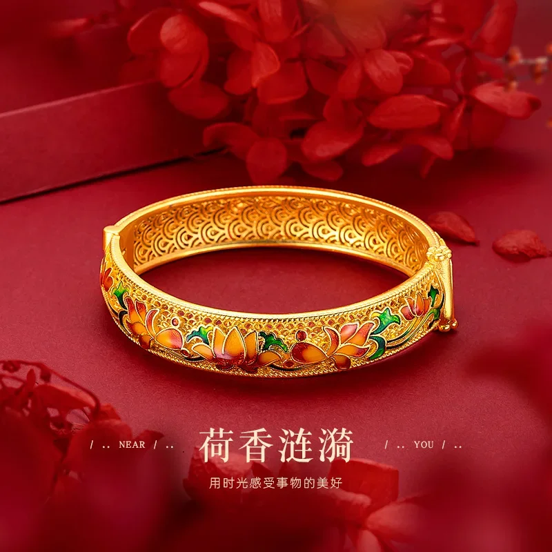 

9999 Real Gold 24K Court Buckle Lotus Bracelet Women's Gold Ethnic Wind Burnt Blue Enamel Lotus Retro Mom Bracelet