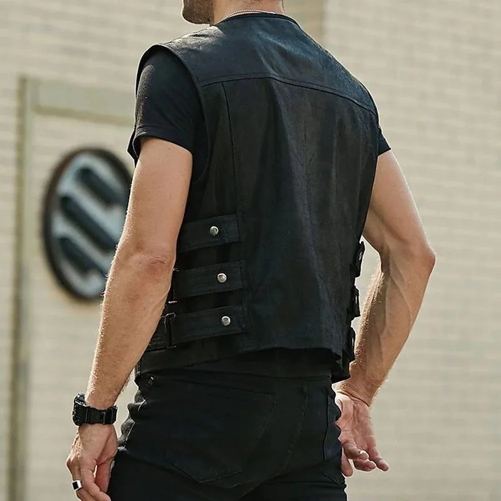 

Stylish Biker Faux Leather Waistcoat for Men Motorcycle Cut Vest in Black Various Club Pockets for Convenience