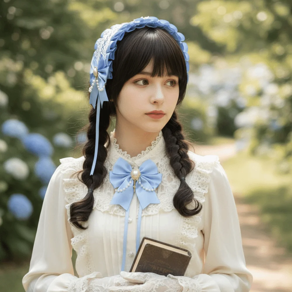 

Cute Sweet Lolita Lace Headband Ribbon Bow Pearl Maid Cosplay Headdress Kawaii JK Ruffled Hairband Girls
