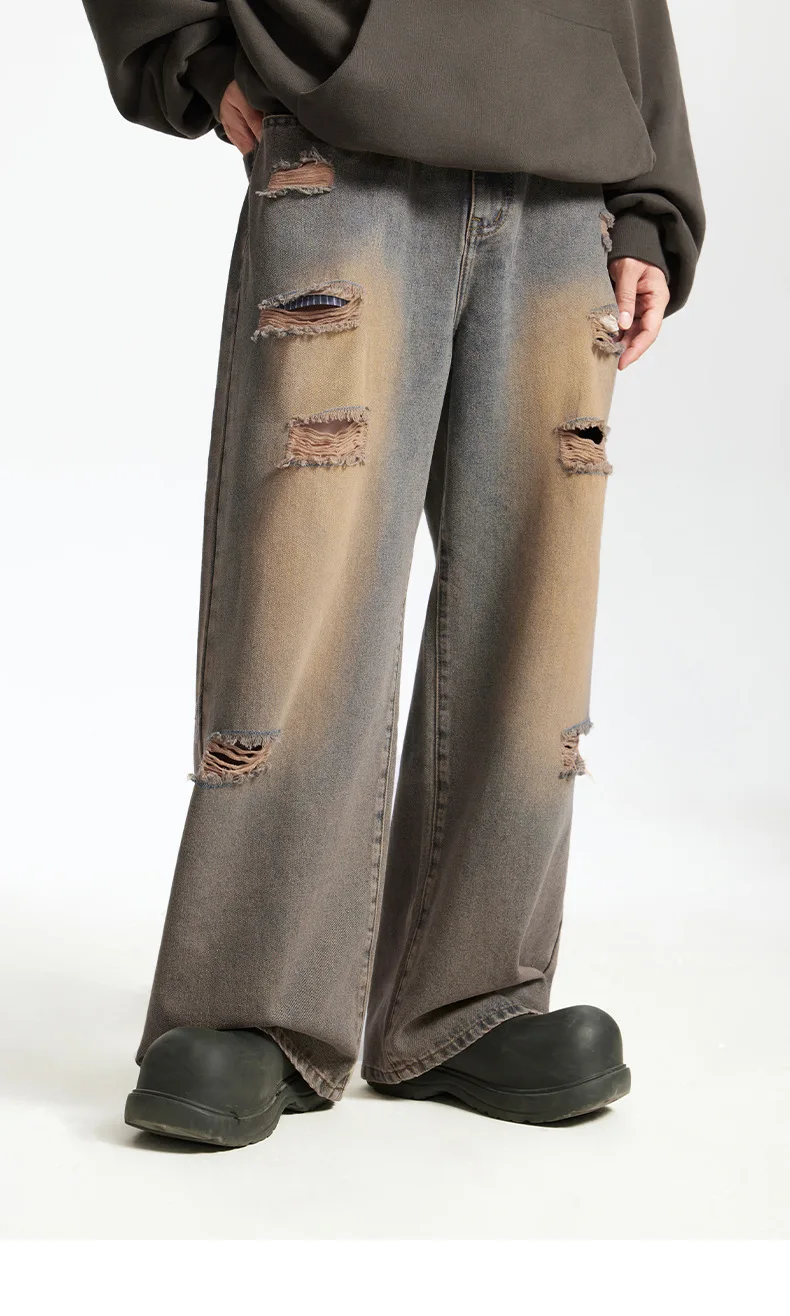 2025 Men's Star Embroidery Ripped Jeans - Distressed Washed Wide Leg High Street Loose Straight Pants, Hiphop Streetwear Fashion