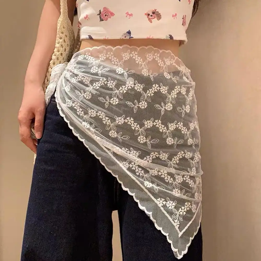 

Многофункциональный шарф-косынка Y2K с кружевной отделкой, вышитый цветочный шейный платок, бандана для женщин и девушек, кружевной платок-косынка