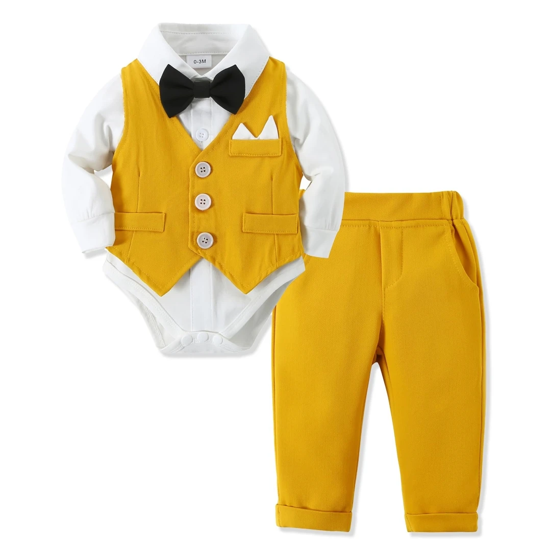 2026 Spring Vest Suit Infant Boy Gentleman Long Sleeve Romper Set Baby 3 6 9 12 18 24M Birthday Party Costume Autumn Clothes