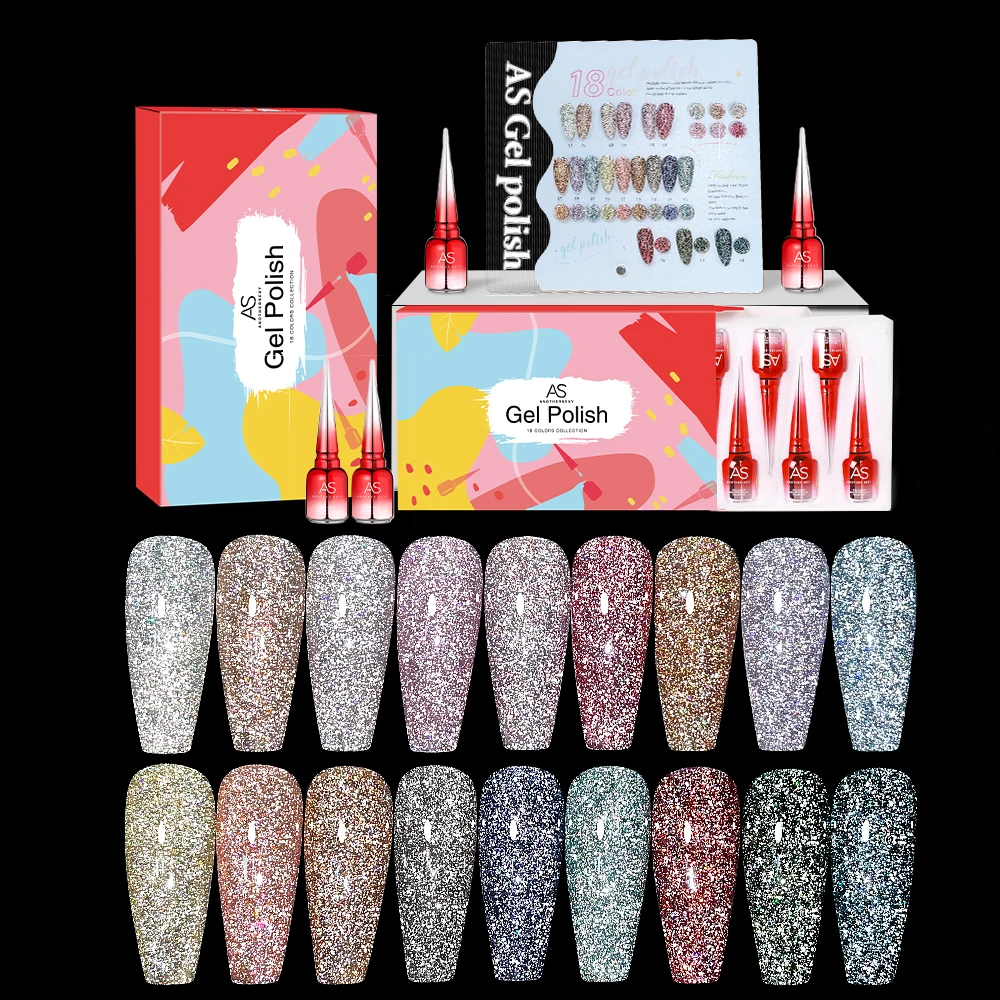 AS 18pcs 15ml Nail Gel Polish Set Reflective Glitter Gel Soak Off Nail Polish Manicure Semi Permanent Flash Sparkling Gel Kit