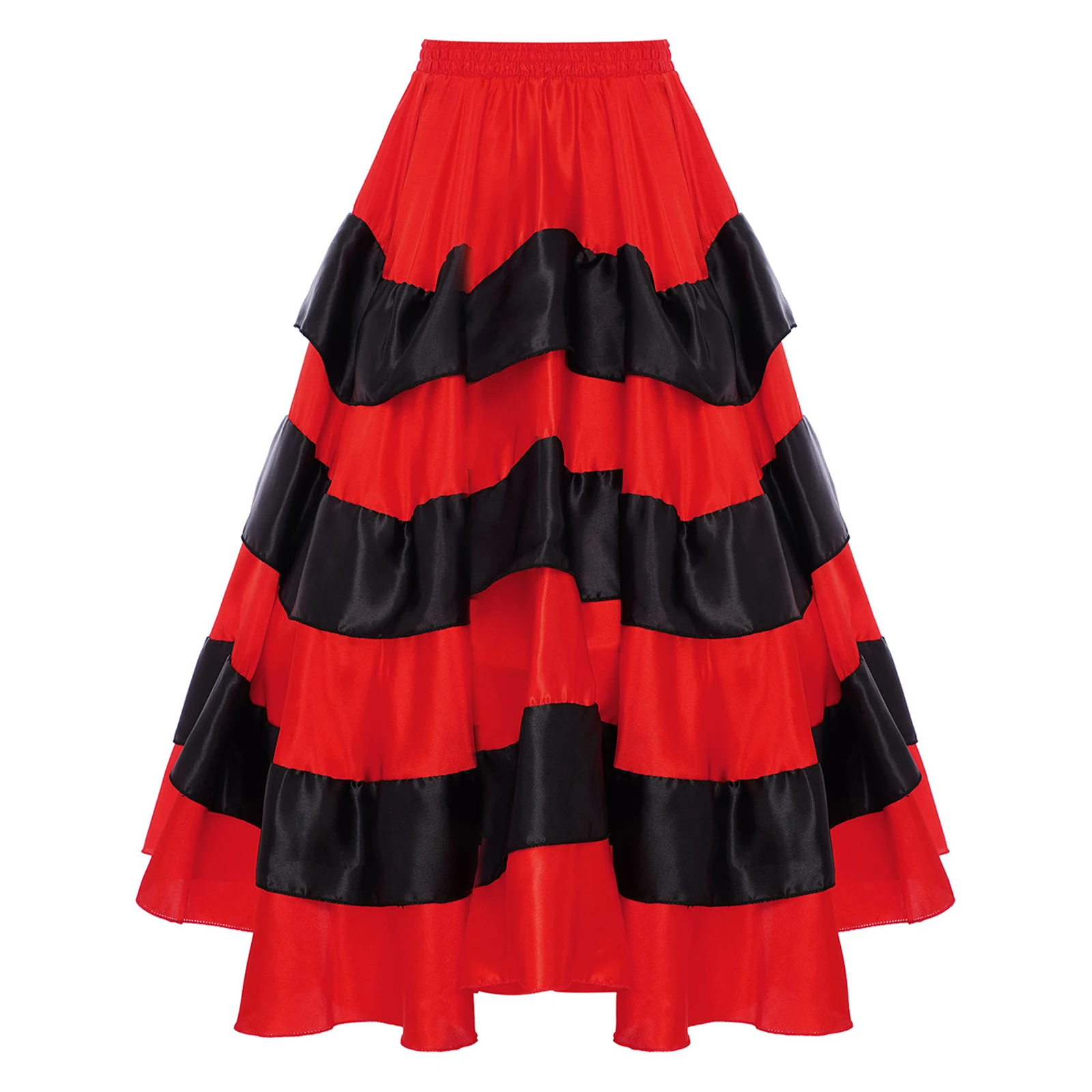 Red Black Kids Girls Tiered Ruffles Wide Hemline Satin Skirt 180 360 Degrees Spanish Flamenco Ballroom Dance Performance Costume
