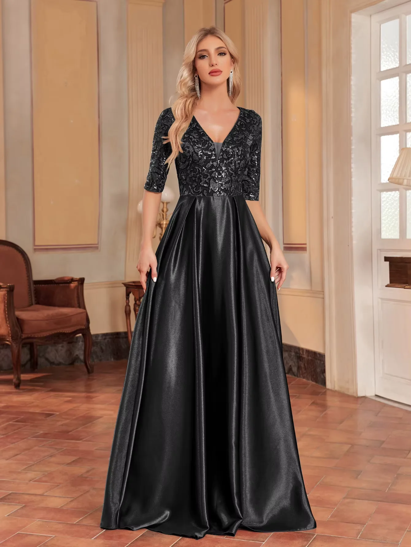 Luxury Black Short Sleeve Satin Splicing V-Neck Evening Dresses Women Sequins elegant Party Floor Lenght Cocktail Gowns