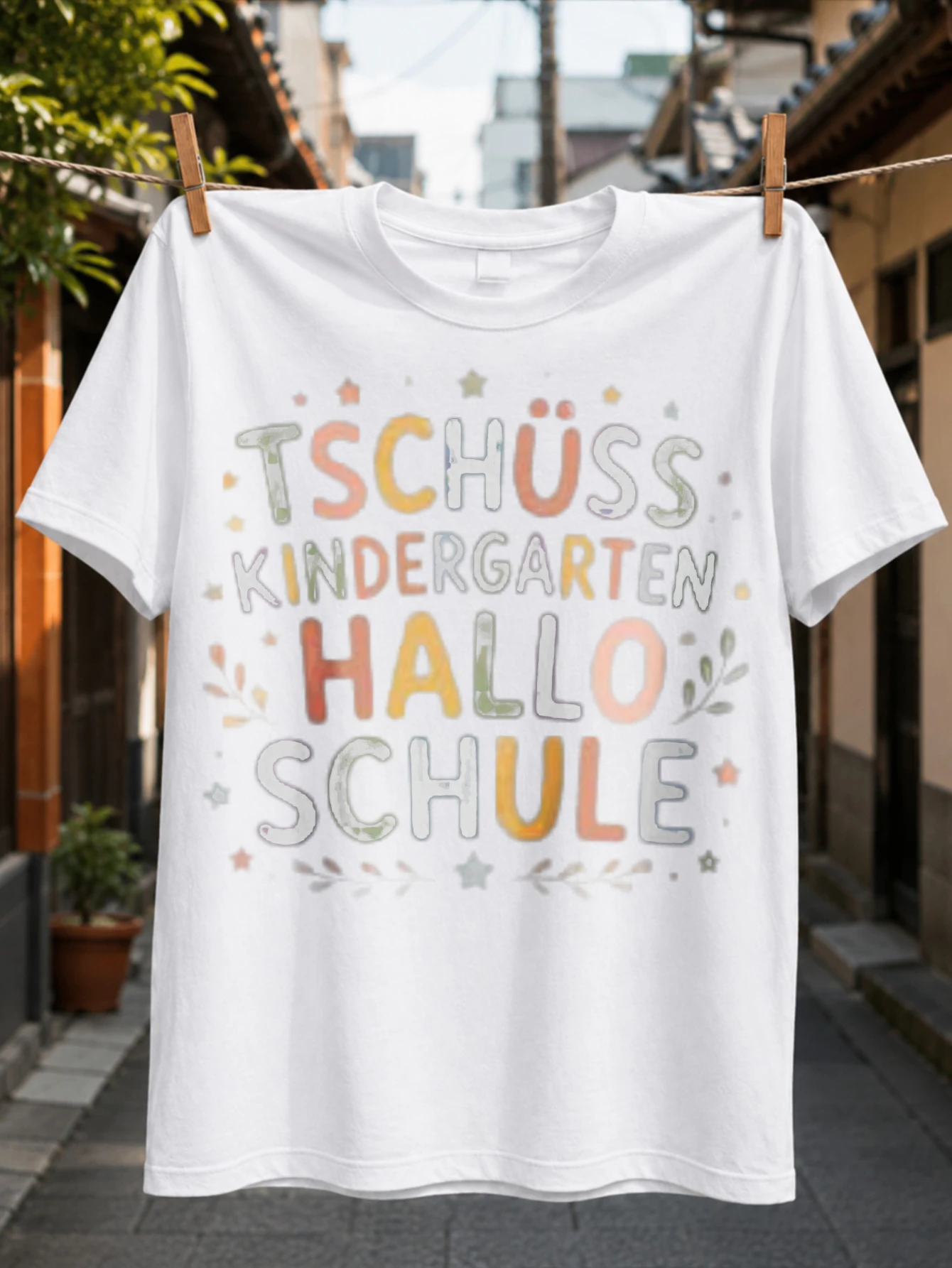 Goodbye Kindergarten Hello School Pastel Multicolor Lettering with Stars and Leafy Flourishes First  Unisex All T-Shirt