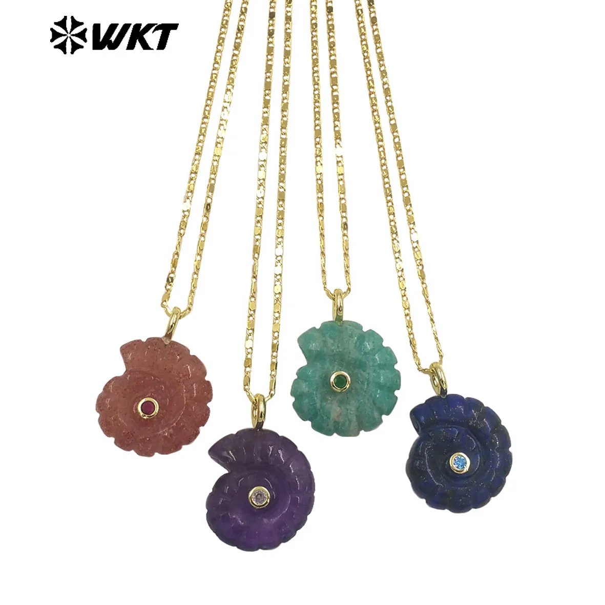 WT-N1510 Smooth Texture Shell Shape Colored Gemstone&Zircon Paved Pendants Fine Chian Necklace Daily Decorated