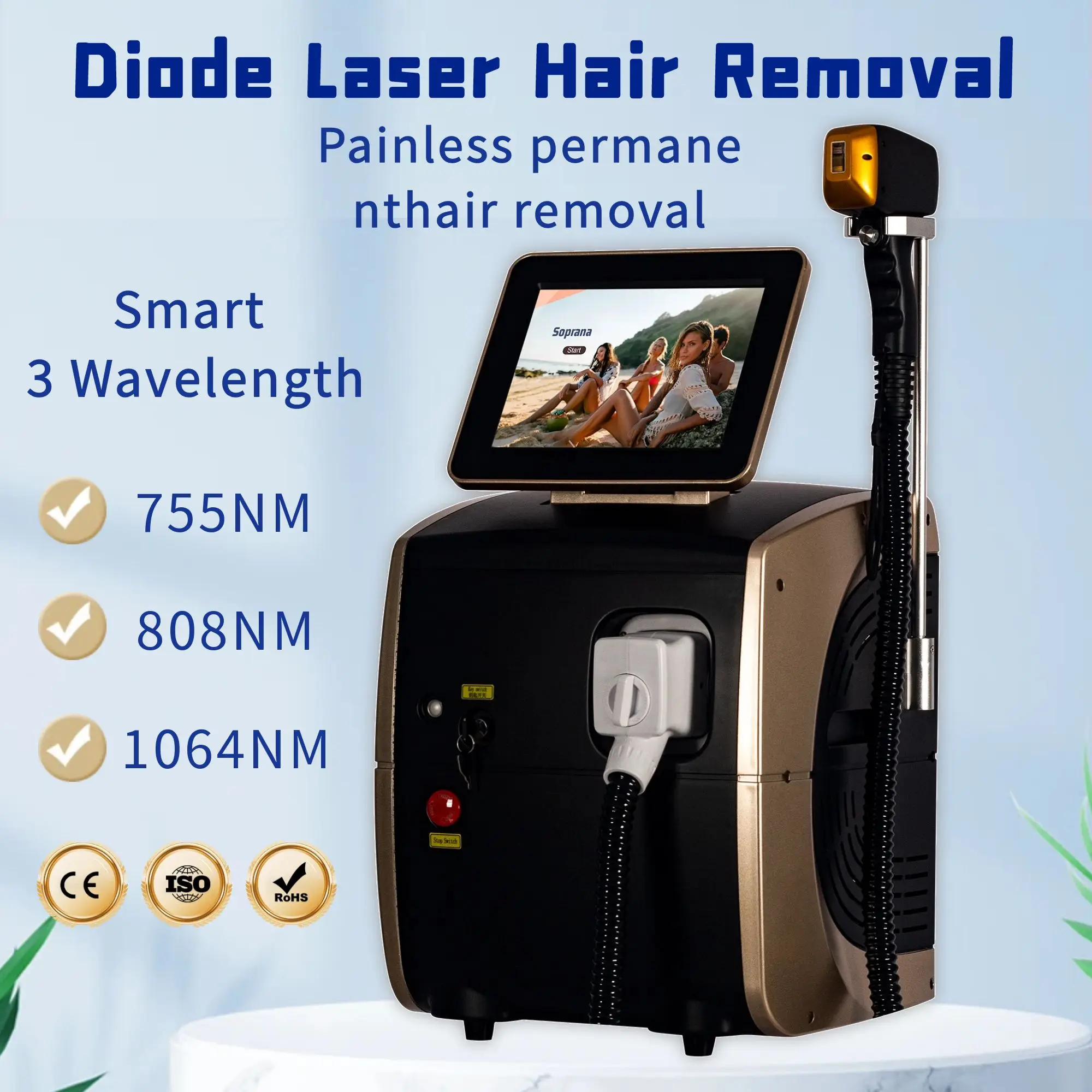 

Diode Laser Hair Removal Machine Imported Ice Titanium Handle Freezing Point Painless Hair Removal Intelligent 3 wavelength