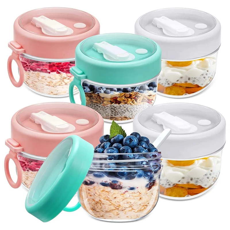 

A33R-6Pcs Light Breakfast Cup With Lids And Spoons 20 Oz Yogurt Jars Leakproof Oats Jars Oatmeal Salad Jars