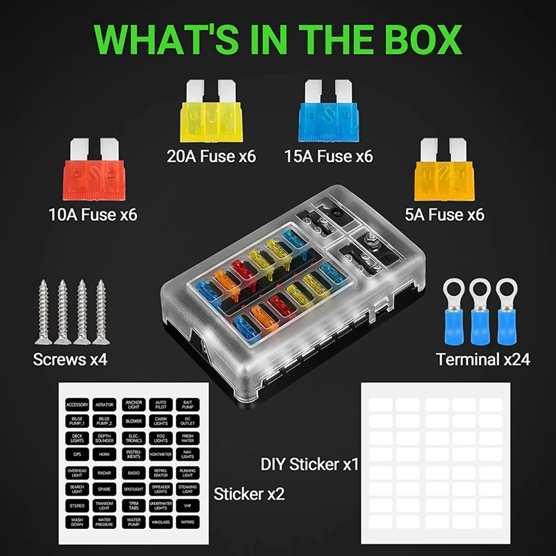 12V Fuse Block 12 Circuit Fuse Box Kit,With LED Indicator With Negative Marine Fuse Box For Dc12-24V Car Boat RV Truck