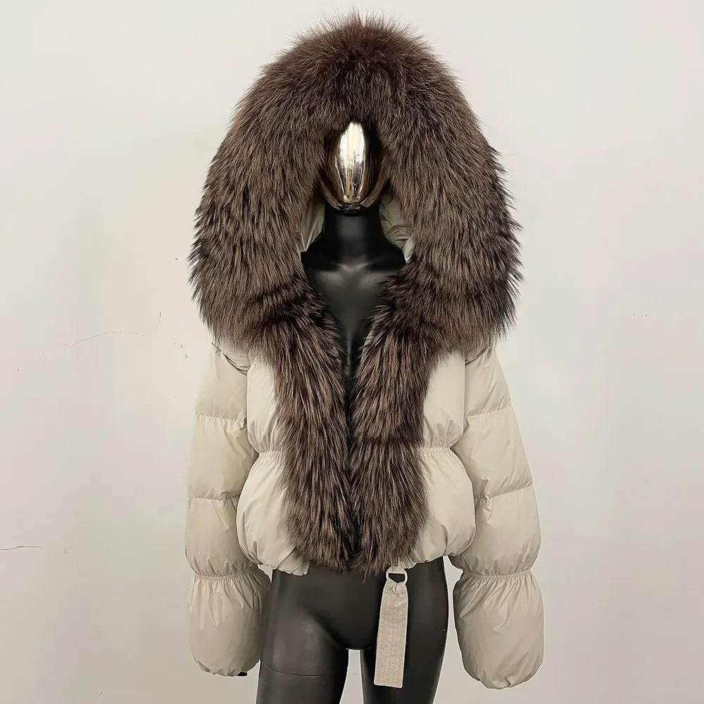 

White Duck Down Coat Winter Real Fur Loose Puffer Jacket Natural Thick Warm Women Real Big Fox Fur Collar Belt Parka Down Jacket
