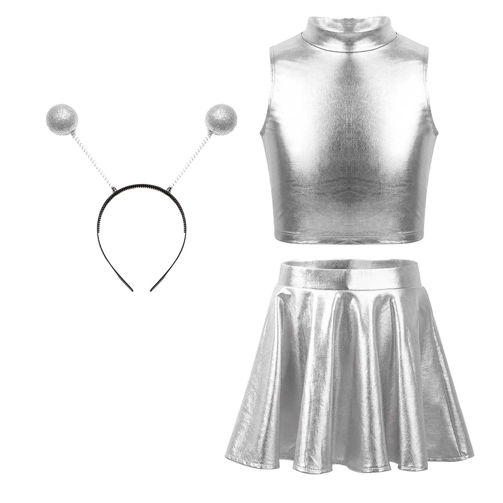 

Girls Alien Cosplay Costume Tank Tops with Flared Pleated A-Line Mini Skirt And Hair Hoop for Halloween Outer Space Man Outfits